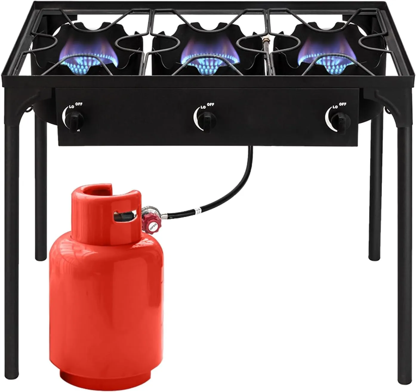 3 Burner Propane Gas Stove for Outdoor Cooking, Heavy Duty High Pressure Propane Gas Cooker Portable Iron Cast Patio Burner with Detachable Stand Legs, Regulator, Camping Cooker (225000-BTU)