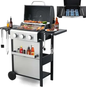 3-Burner Small Propane Gas Grill with 2 Foldable Side Tables, 25,650 BTU Outdoor BBQ Grill Propane with Porcelain-Enameled Grates & Thermometer for Cooking (3-Burner)