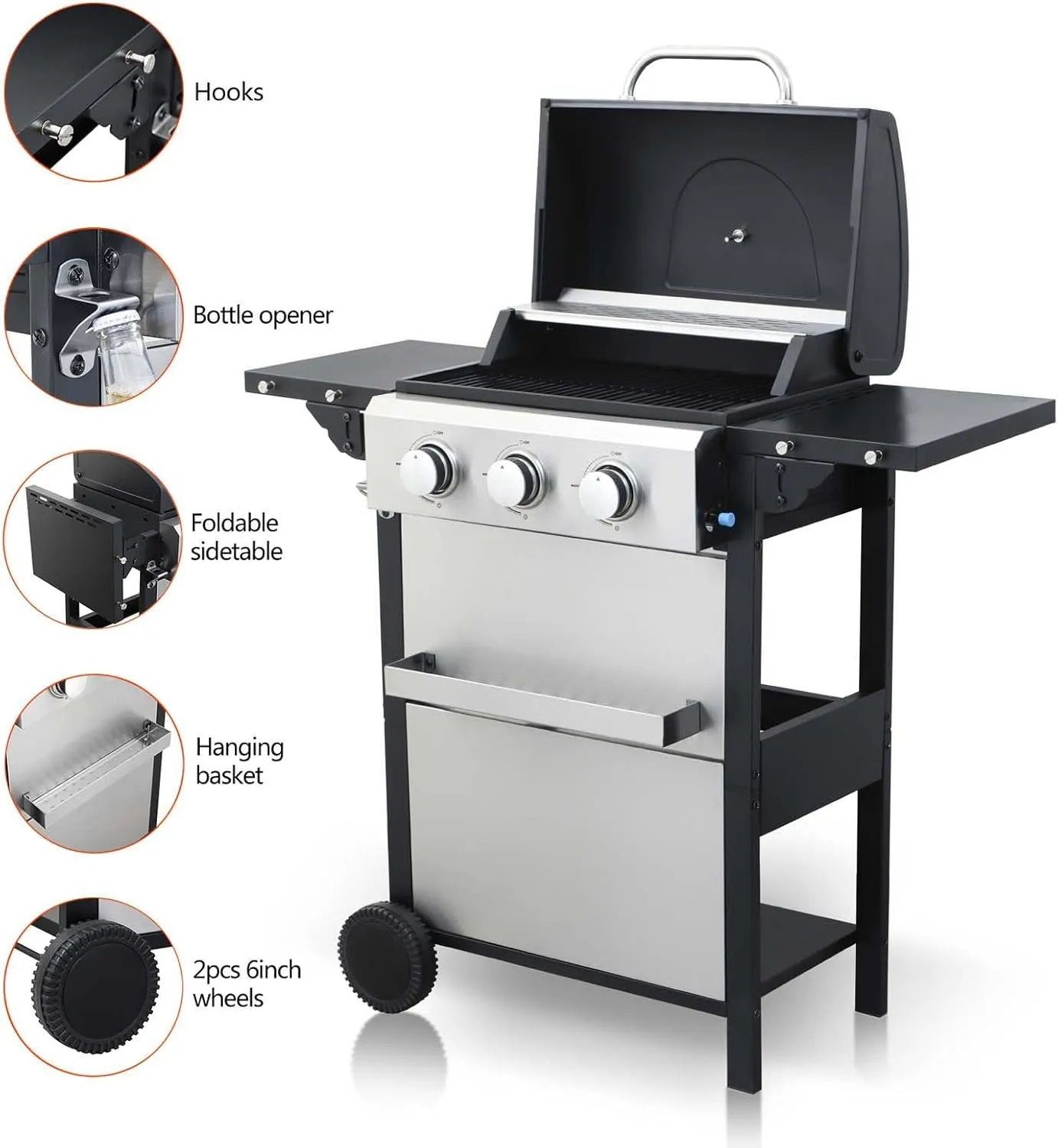 3-Burner Small Propane Gas Grill with 2 Foldable Side Tables, 25,650 BTU Outdoor BBQ Grill Propane with Porcelain-Enameled Grates & Thermometer for Cooking (3-Burner)