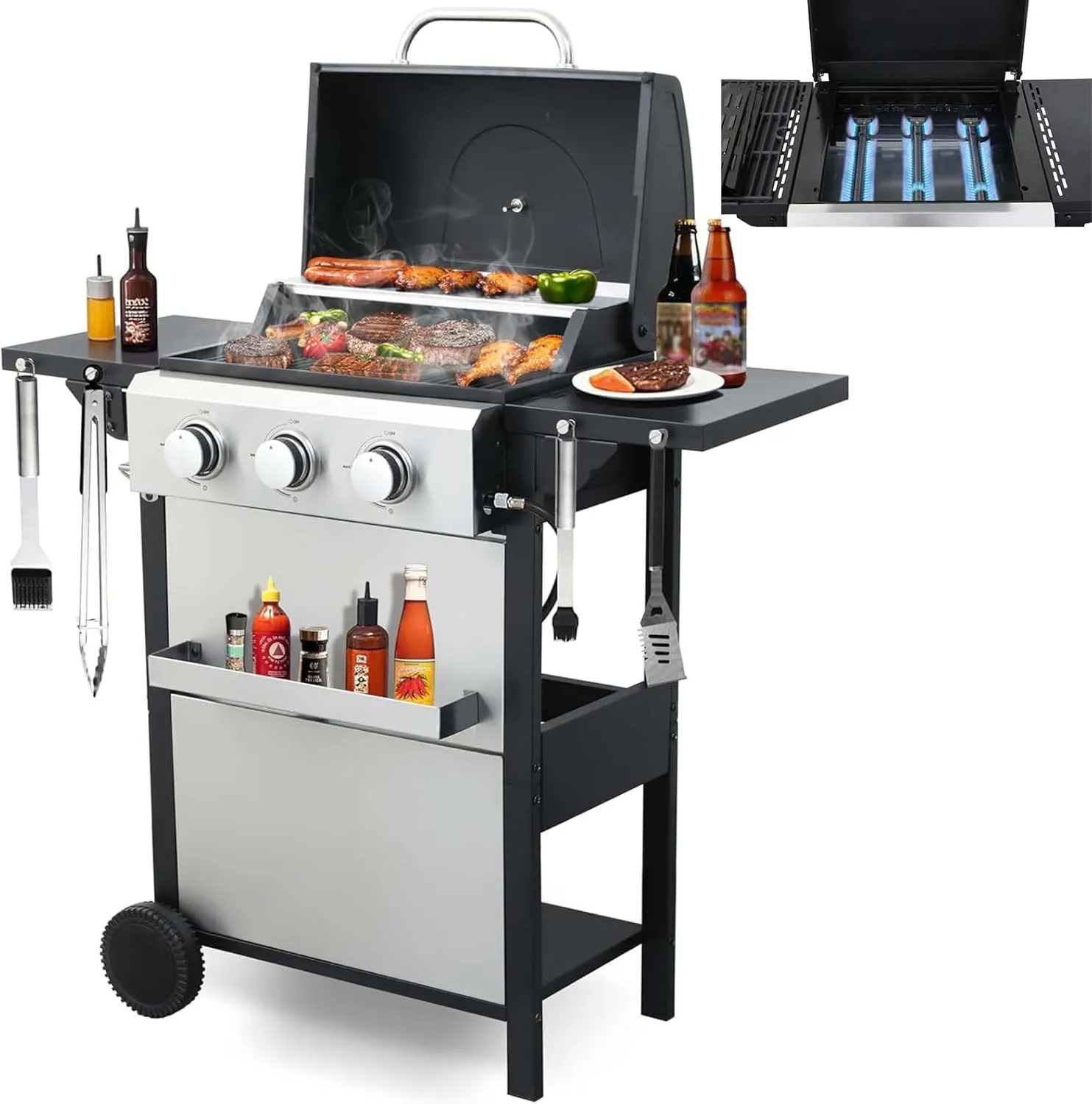 3-Burner Small Propane Gas Grill with 2 Foldable Side Tables, 25,650 BTU Outdoor BBQ Grill Propane with Porcelain-Enameled Grates & Thermometer for Cooking (3-Burner)