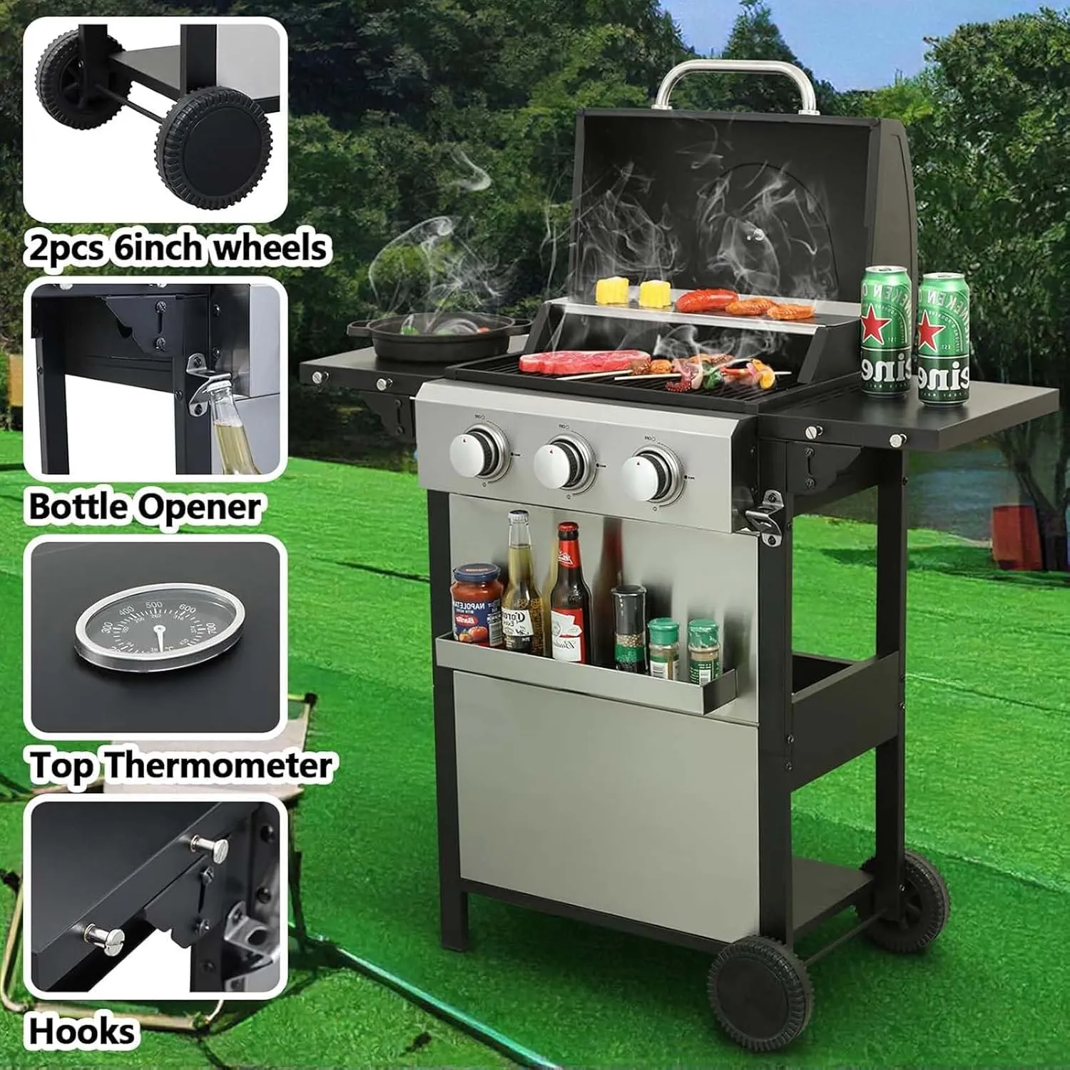 3-Burner Small Propane Gas Grill with 2 Foldable Side Tables, 25,650 BTU Outdoor BBQ Grill Propane with Porcelain-Enameled Grates & Thermometer for Cooking (3-Burner)