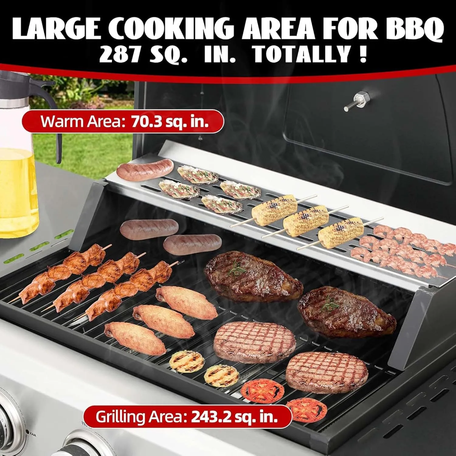 3-Burner Small Propane Gas Grill with 2 Foldable Side Tables, 25,650 BTU Outdoor BBQ Grill Propane with Porcelain-Enameled Grates & Thermometer for Cooking (3-Burner)