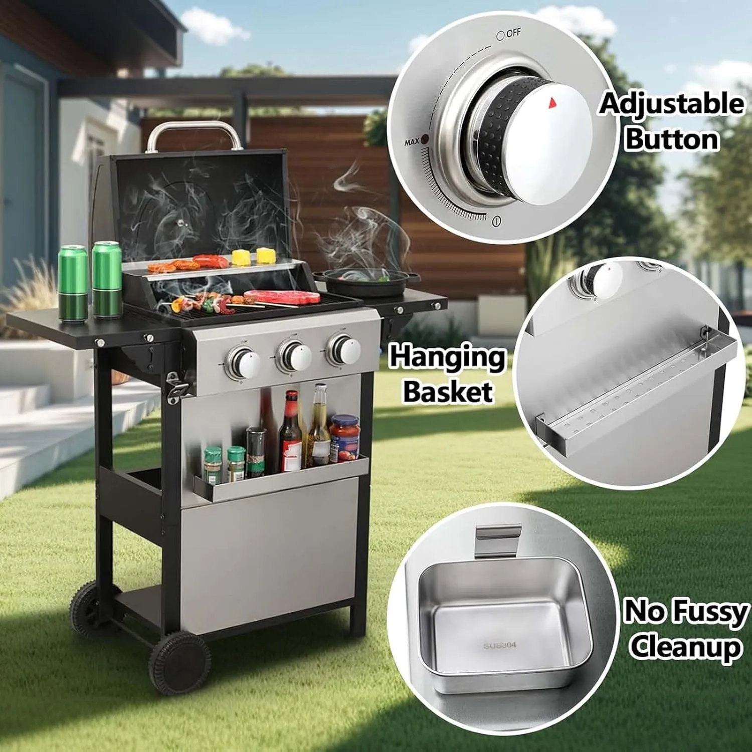 3-Burner Small Propane Gas Grill with 2 Foldable Side Tables, 25,650 BTU Outdoor BBQ Grill Propane with Porcelain-Enameled Grates & Thermometer for Cooking (3-Burner)