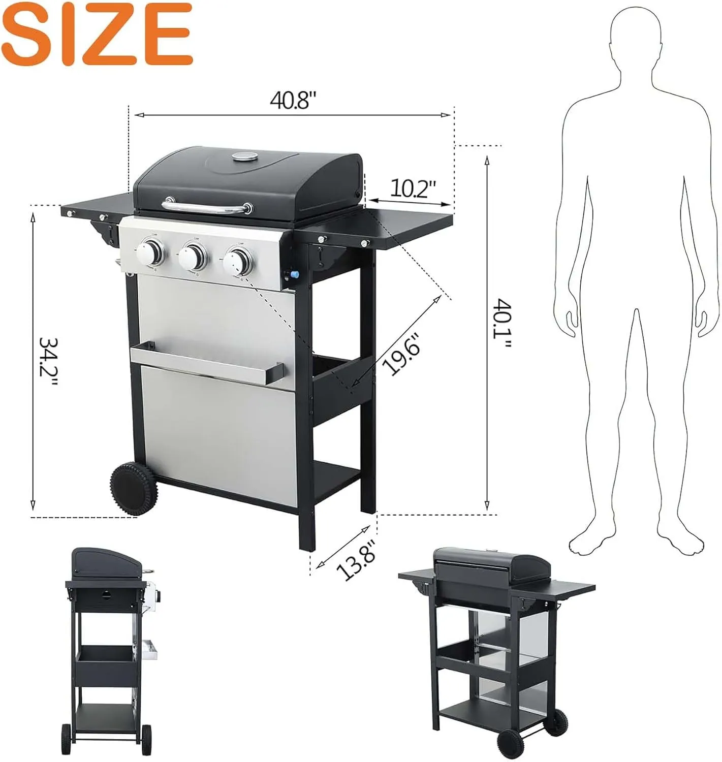 3-Burner Small Propane Gas Grill with 2 Foldable Side Tables, 25,650 BTU Outdoor BBQ Grill Propane with Porcelain-Enameled Grates & Thermometer for Cooking (3-Burner)