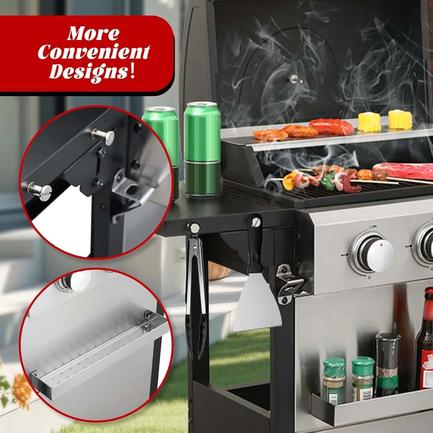 3-Burner Small Propane Gas Grill with 2 Foldable Side Tables, 25,650 BTU Outdoor BBQ Grill Propane with Porcelain-Enameled Grates & Thermometer for Cooking (3-Burner)