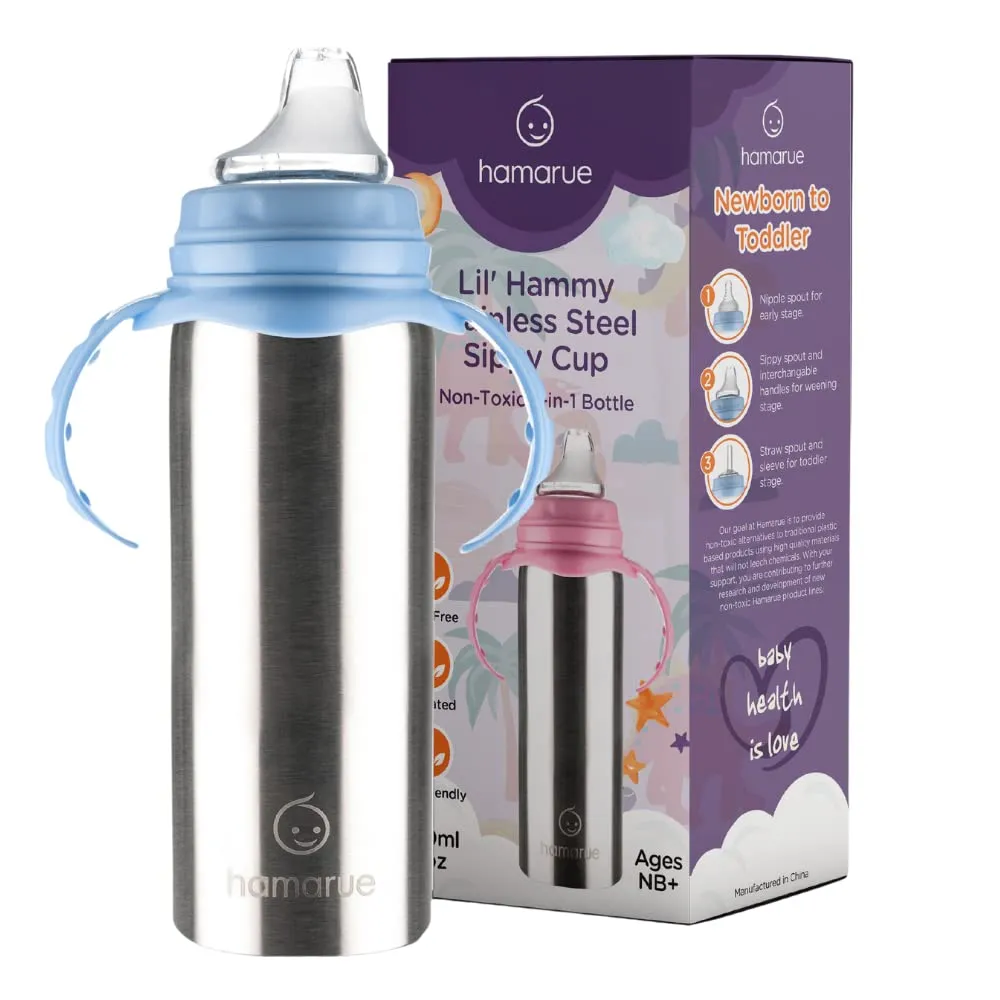 3-in-1 Stainless Steel Sippy Cups for Toddlers | Non-Toxic Insulated Stainless Steel Baby Bottle | Straw Cup with Removeable Handles | Plastic Free Liquid Transfer (8 oz, Blue)