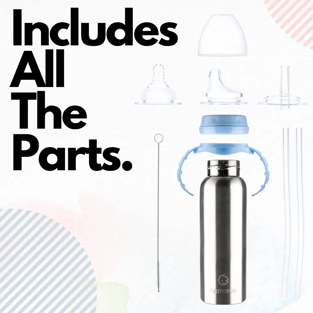 3-in-1 Stainless Steel Sippy Cups for Toddlers | Non-Toxic Insulated Stainless Steel Baby Bottle | Straw Cup with Removeable Handles | Plastic Free Liquid Transfer (8 oz, Blue)