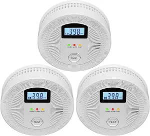 3 Pack Combination Photoelectric Smoke and Carbon Monoxide Alarm Detector with Digital Display; Battery-Operated Smoke Carbon Monoxide Alarm