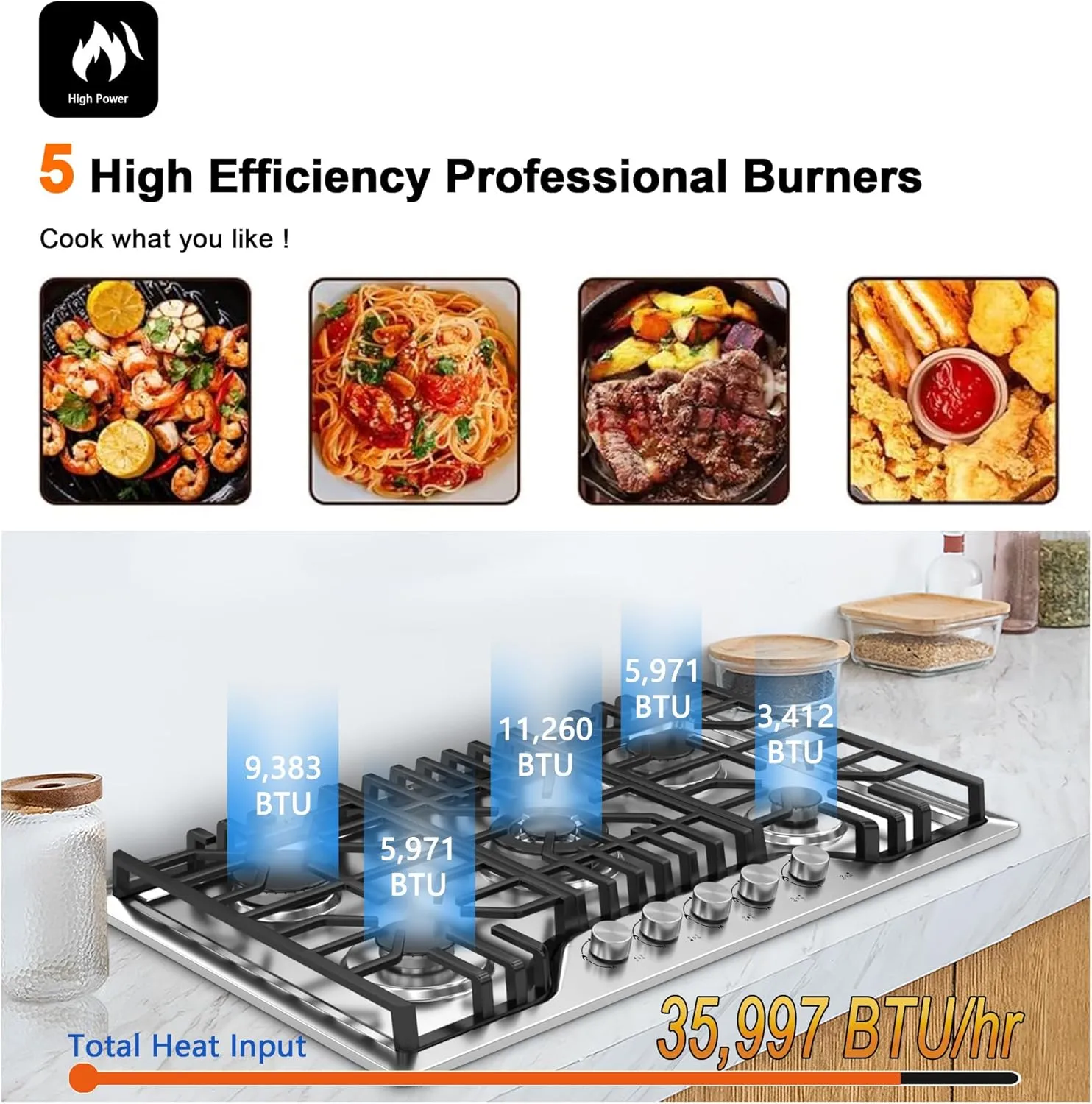 30 Inch Gas Cooktop, 5 Burner Dual Fuel Built-in Stove Top, Stainless Steel Propane/Natural Gas Cooktop with Thermocouple Protection, NG/LPG Convertible for Safe & Efficient Cooking
