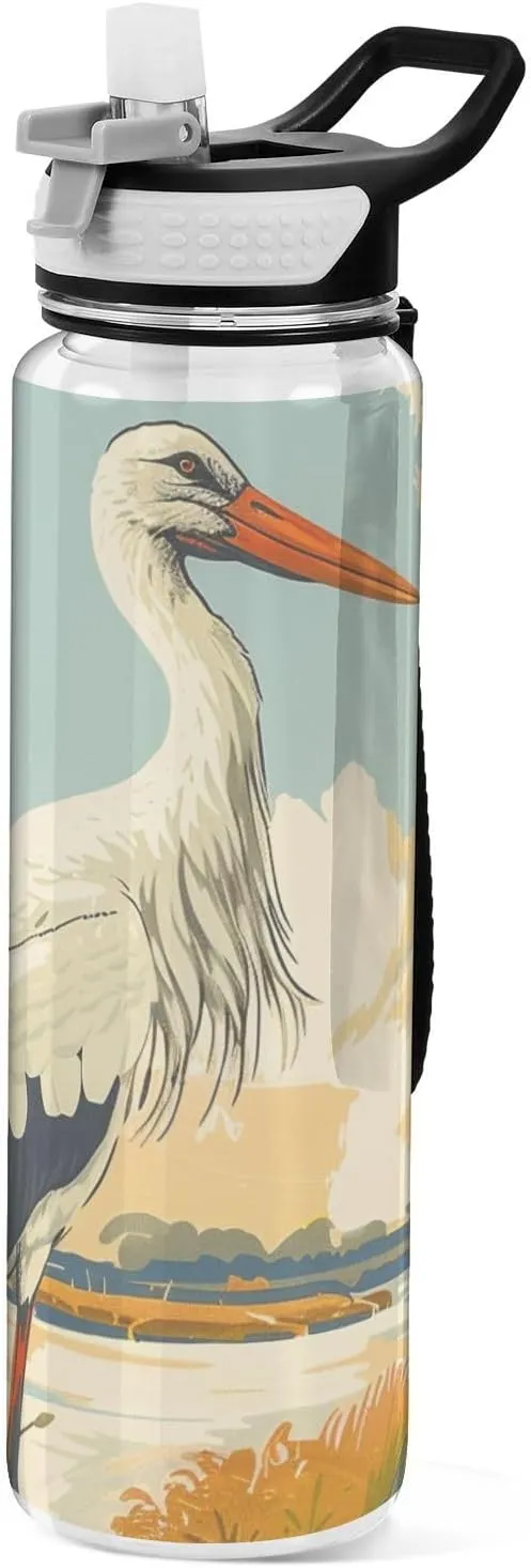 30 oz Elegant white stork delicate art Water Bottle with Straw Tritan Clear BPA Free non toxic Water Jug for Camping Outdoors Collapsible