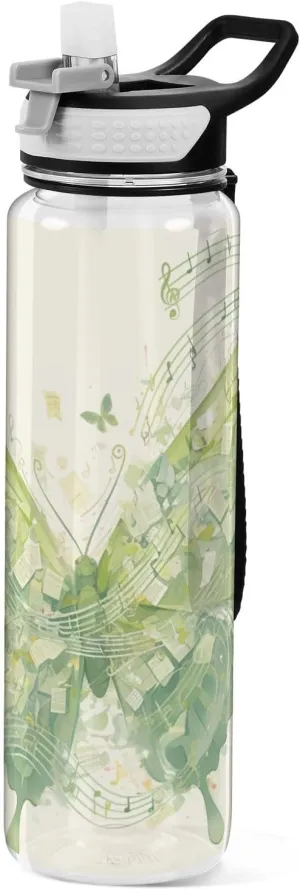 30 oz musical score notes Butterfly Green Water Bottle with Soft Straw Tritan BPA Free non toxic Water Jugs for Outdoor Fitness Collapsible