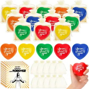 30 Sets Jesus Loves You Gifts Religious Heart Stress Balls with Cards Squeeze Relief First Communion Baptism Heart Shape Stress Ball 2.48 Inch Jesus Christian Toys Bulk for Women Church staff Gifts