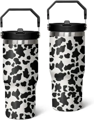 30oz Insulated Cow Tumbler with Handle, Featuring a Leak-proof 2-in-1 Lid and Straw, a Vacuum-insulated Travel Coffee Mug, Portable Stainless Steel Water Bottle, Suitable for Both Women and Men