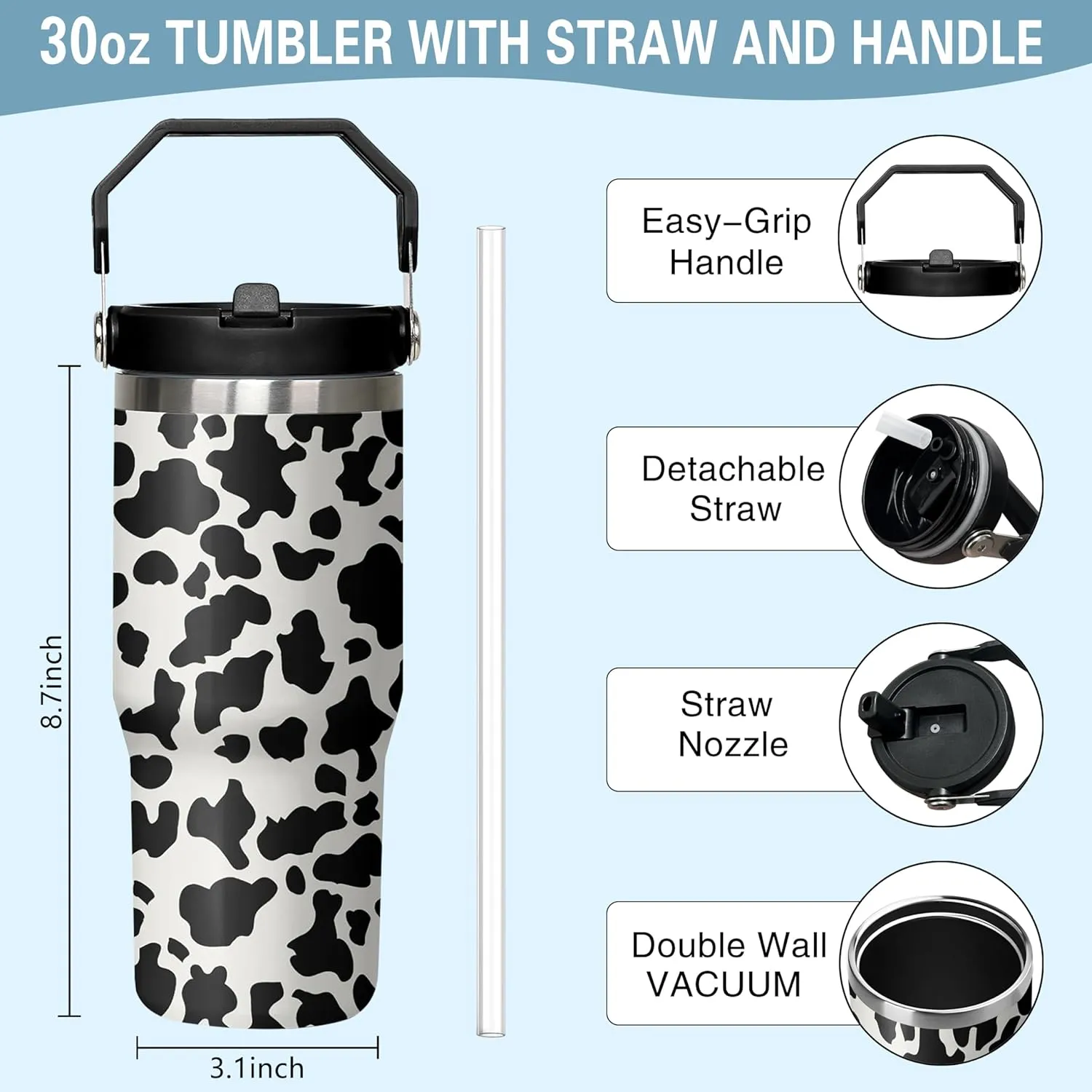 30oz Insulated Cow Tumbler with Handle, Featuring a Leak-proof 2-in-1 Lid and Straw, a Vacuum-insulated Travel Coffee Mug, Portable Stainless Steel Water Bottle, Suitable for Both Women and Men