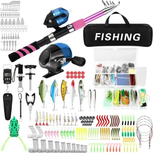 310 Pcs Fishing Rod and Reel Combo Set Telescopic Fishing Pole with Spinning Reels Carrier Bag for Saltwater Freshwater(Pink)