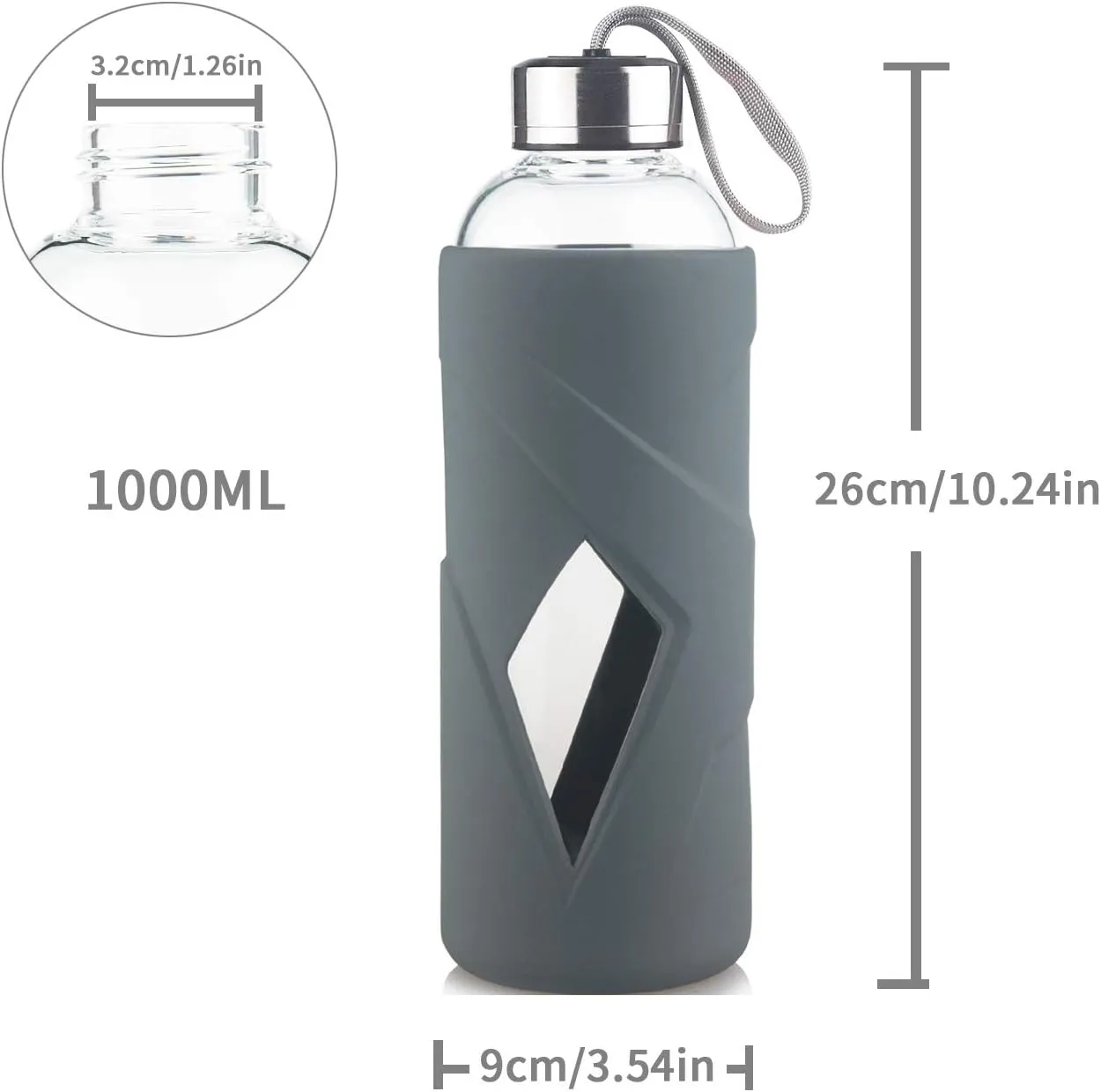 32 OZ Borosilicate Glass Water Bottle BPA Free Reusable Glass Drinking Bottle with Silicone Sleeve and Stainless Steel Lid
