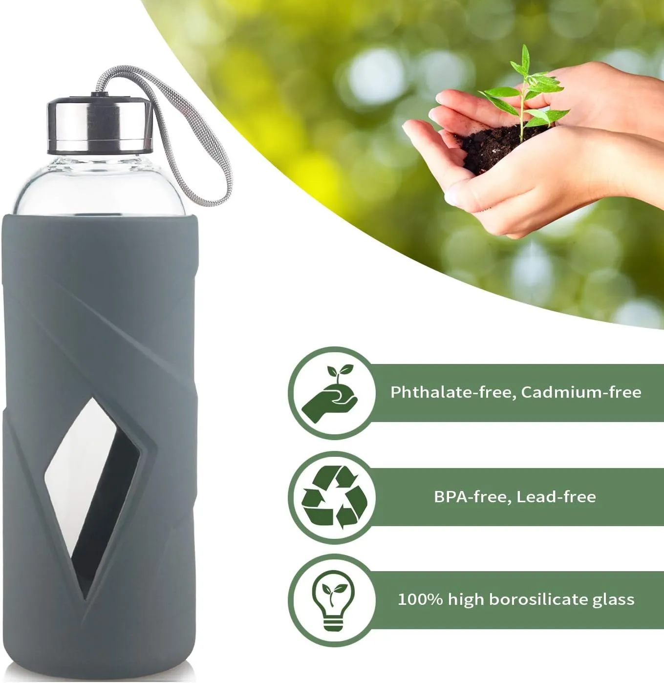 32 OZ Borosilicate Glass Water Bottle BPA Free Reusable Glass Drinking Bottle with Silicone Sleeve and Stainless Steel Lid