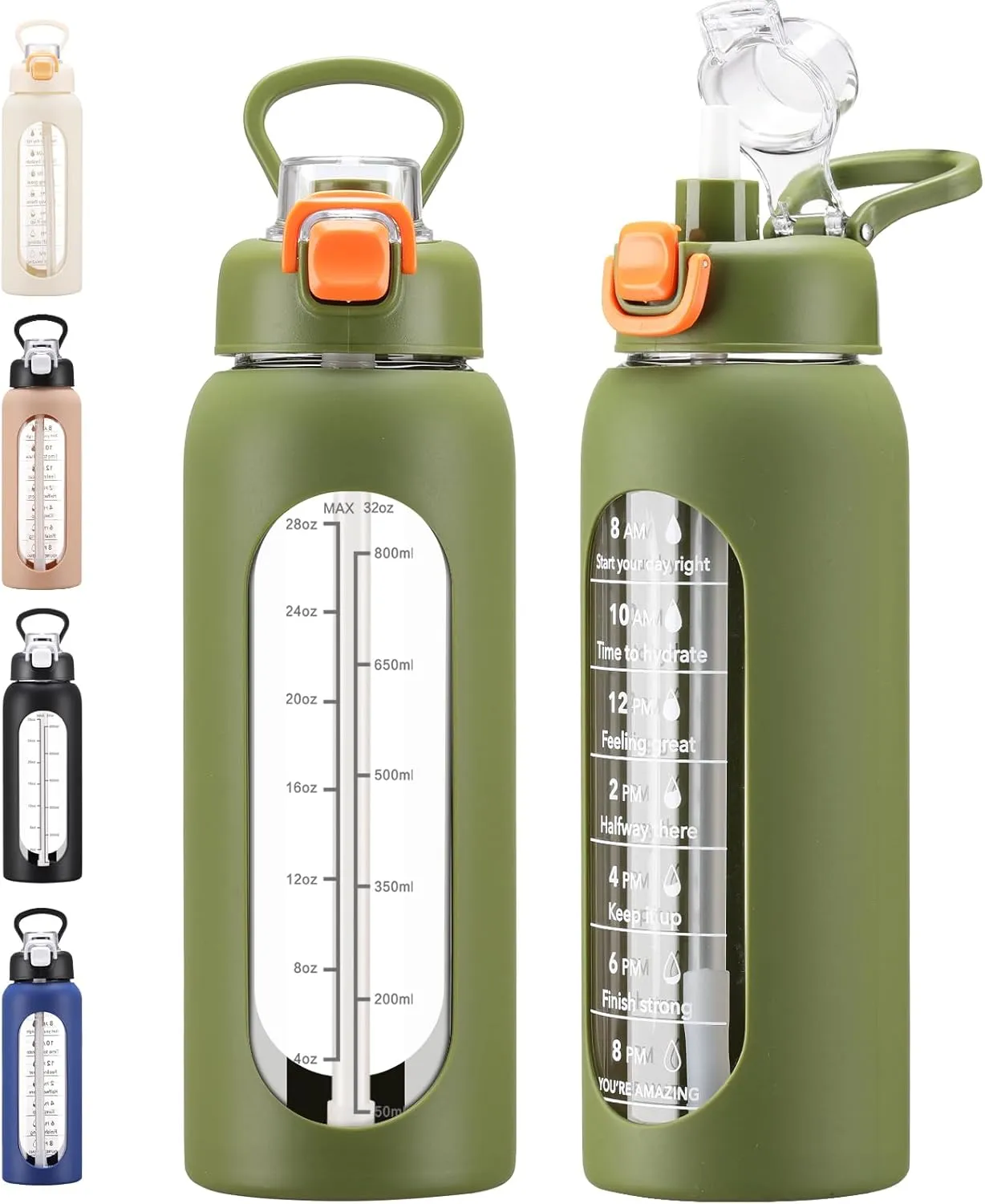 32 oz Glass Water Bolttles with Straw Large Motivational Water Bottle with Time Marker Sports Water Bottles with Silicone Sleeve and Handle Lid Water Jug for Gym Workout