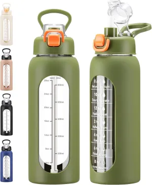 32 oz Glass Water Bolttles with Straw Large Motivational Water Bottle with Time Marker Sports Water Bottles with Silicone Sleeve and Handle Lid Water Jug for Gym Workout