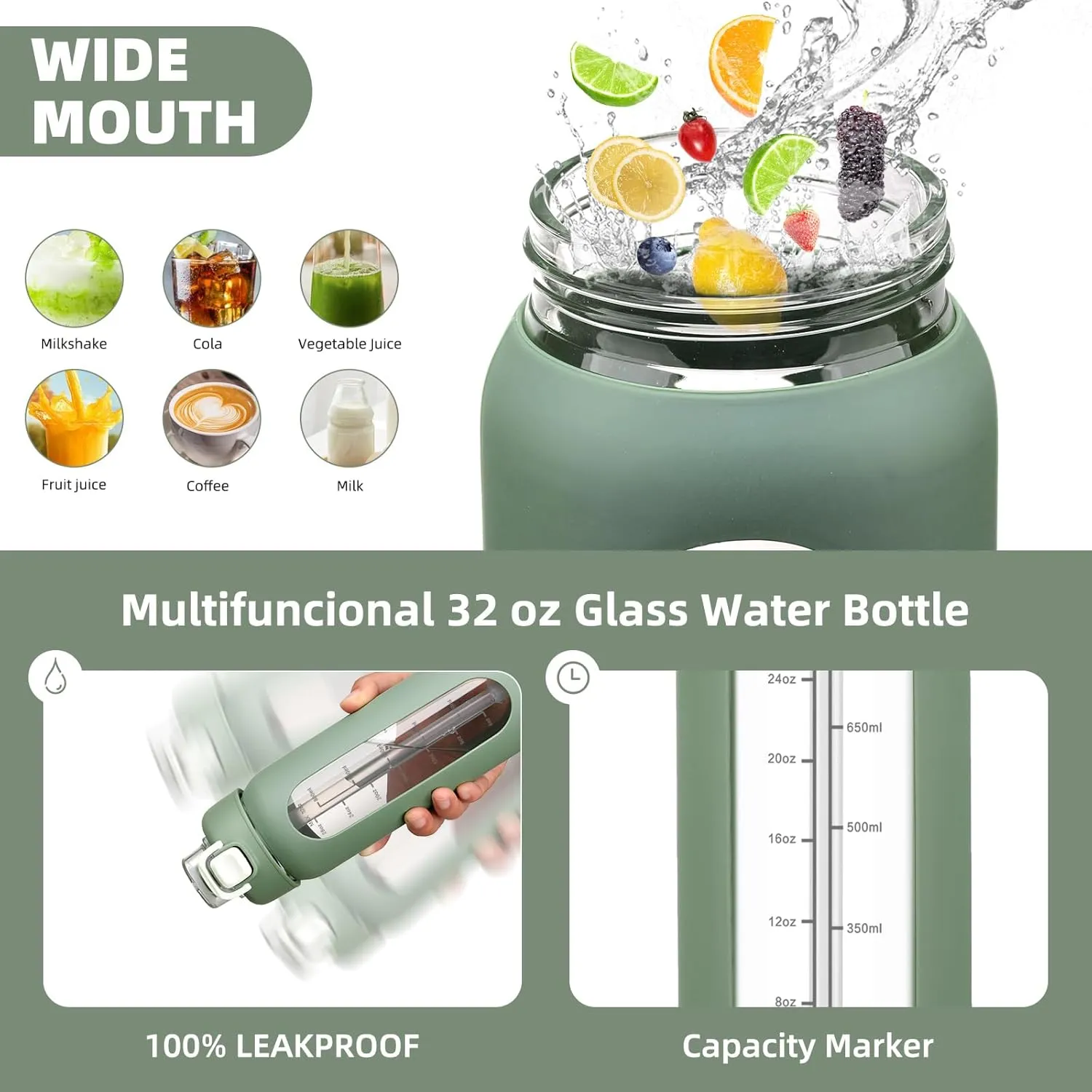 32 oz Glass Water Bolttles with Straw Large Motivational Water Bottle with Time Marker Sports Water Bottles with Silicone Sleeve and Handle Lid Water Jug for Gym Workout