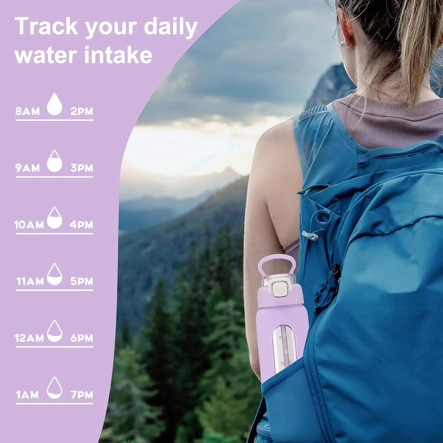 32 oz Glass Water Bottle with 2 Lids-Handle Spout Lid & Straw Lid, 1 Liter Motivational Borosilicate Water Bottle with Time Marker and Silicone Sleeve,Leakproof-Purple-1 Pack