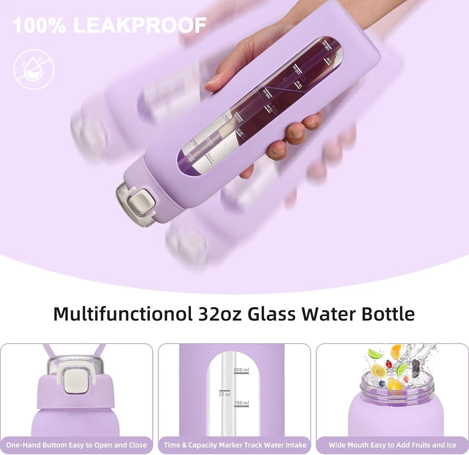 32 oz Glass Water Bottle with 2 Lids-Handle Spout Lid & Straw Lid, 1 Liter Motivational Borosilicate Water Bottle with Time Marker and Silicone Sleeve,Leakproof-Purple-1 Pack