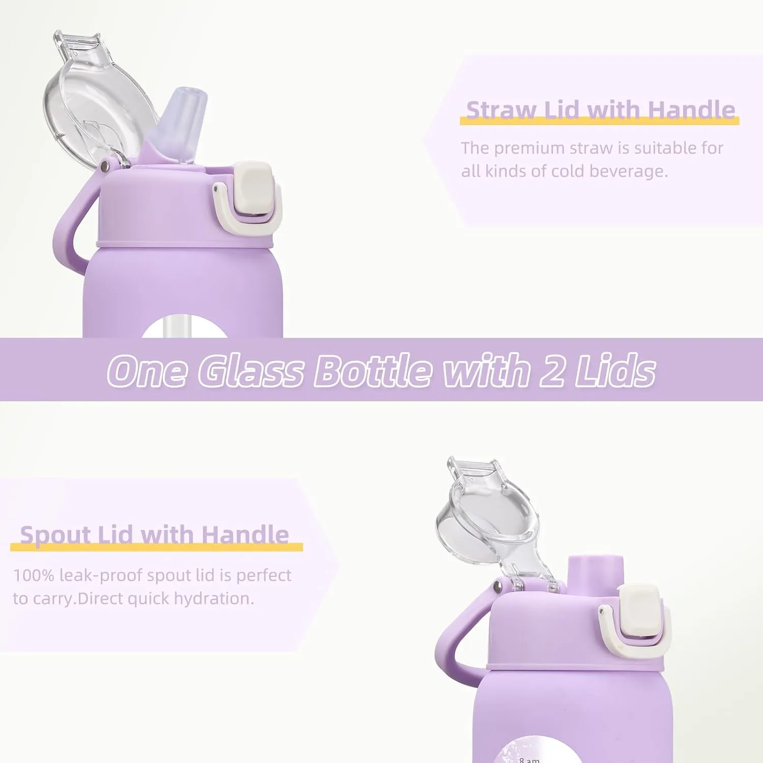 32 oz Glass Water Bottle with 2 Lids-Handle Spout Lid & Straw Lid, 1 Liter Motivational Borosilicate Water Bottle with Time Marker and Silicone Sleeve,Leakproof-Purple-1 Pack