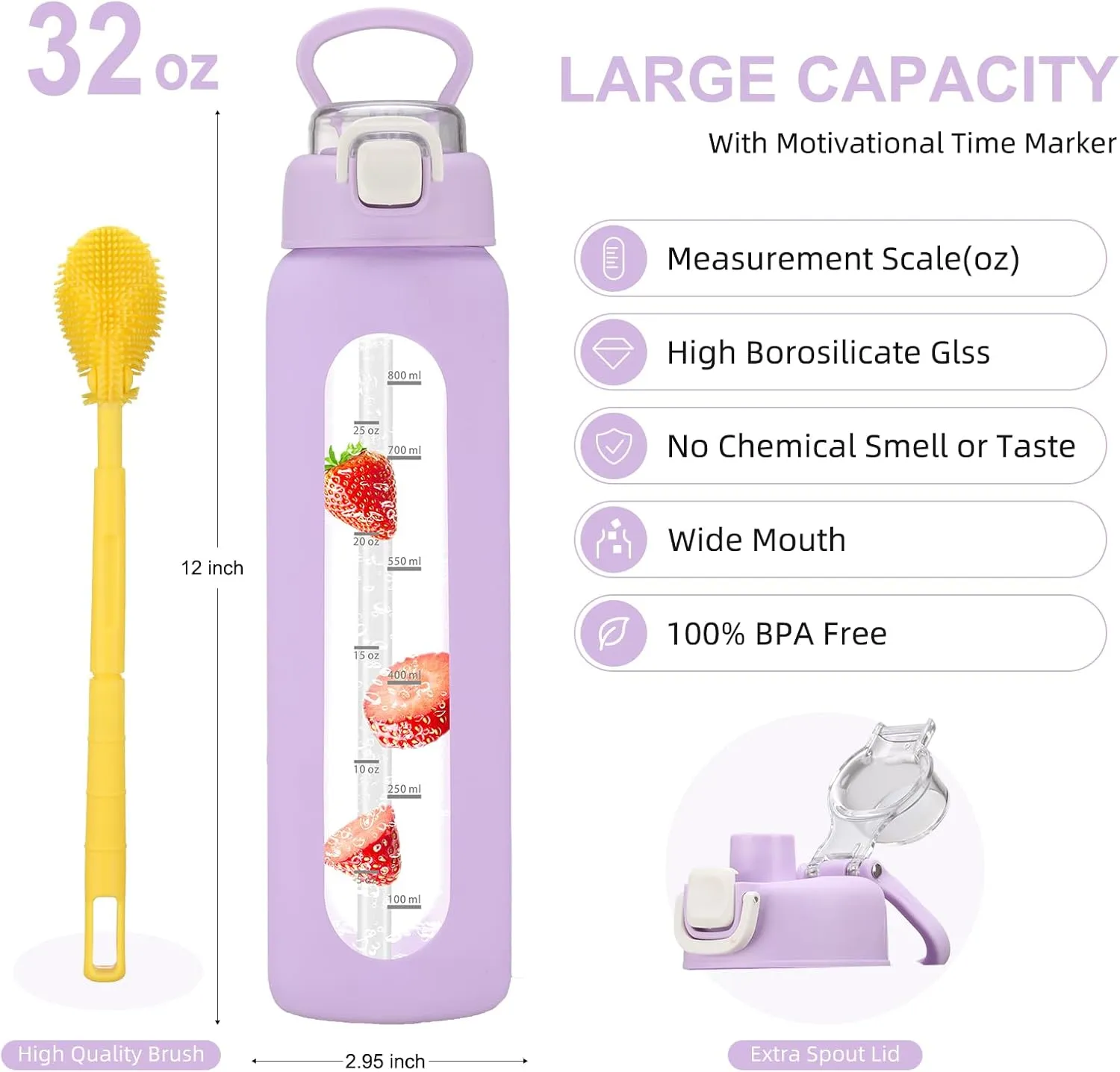32 oz Glass Water Bottle with 2 Lids-Handle Spout Lid & Straw Lid, 1 Liter Motivational Borosilicate Water Bottle with Time Marker and Silicone Sleeve,Leakproof-Purple-1 Pack