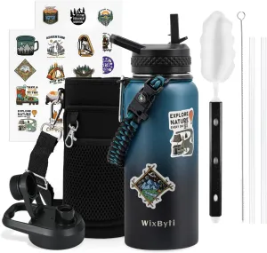 32 oz Insulated Water Bottle with Straw (Cold for 48 Hrs), Stainless Steel Triple Wall Vacuum Sports Water Jug, Leakproof Hydro Cup Flask with Paracord Handle & Straw Spout Lids & DIY Stickers