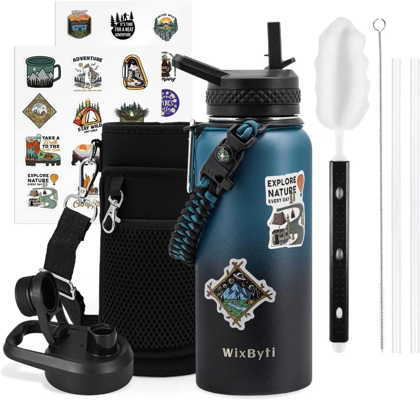 32 oz Insulated Water Bottle with Straw (Cold for 48 Hrs), Stainless Steel Triple Wall Vacuum Sports Water Jug, Leakproof Hydro Cup Flask with Paracord Handle & Straw Spout Lids & DIY Stickers