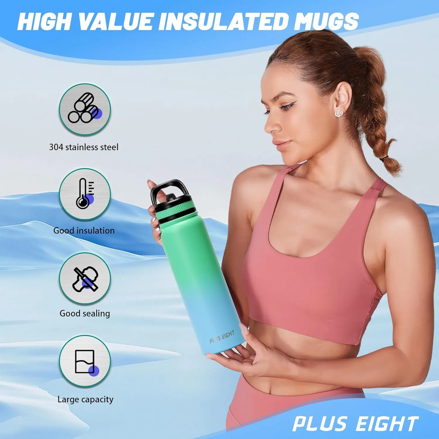 32 oz Insulated Water Bottle With Straw, Stainless Steel Sports Water Bottle Wide Mouth for Sports, Gym or Office, BPA-Free Keep Cold 24H Hot 12H (Green Blue)