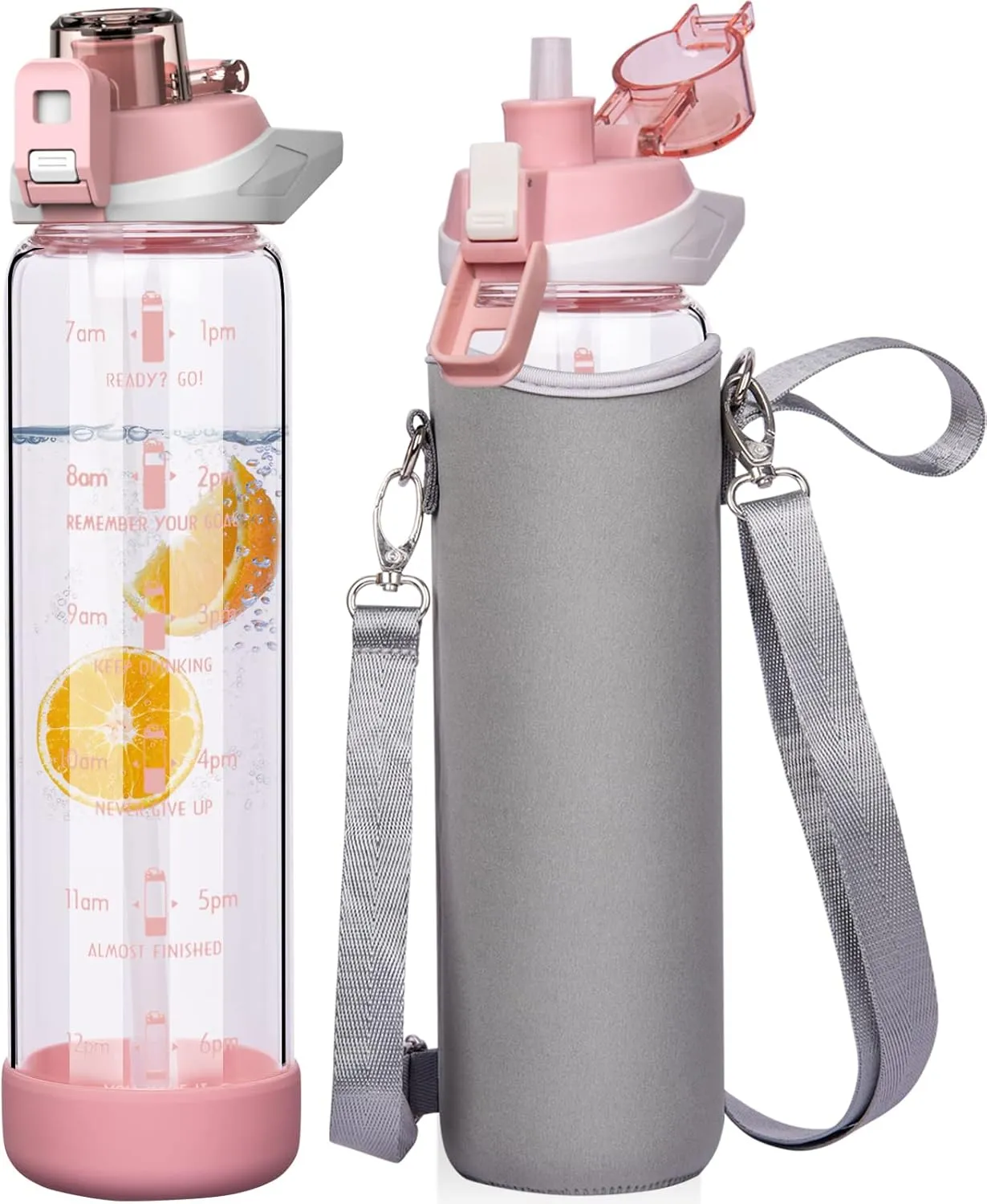 32 oz Sports Glass Water Bottle with Straw and Time Marker, Large Resuable Motivational Glass Drinking Bottle for Infused Water, Fruit, Smoothie, Coffee