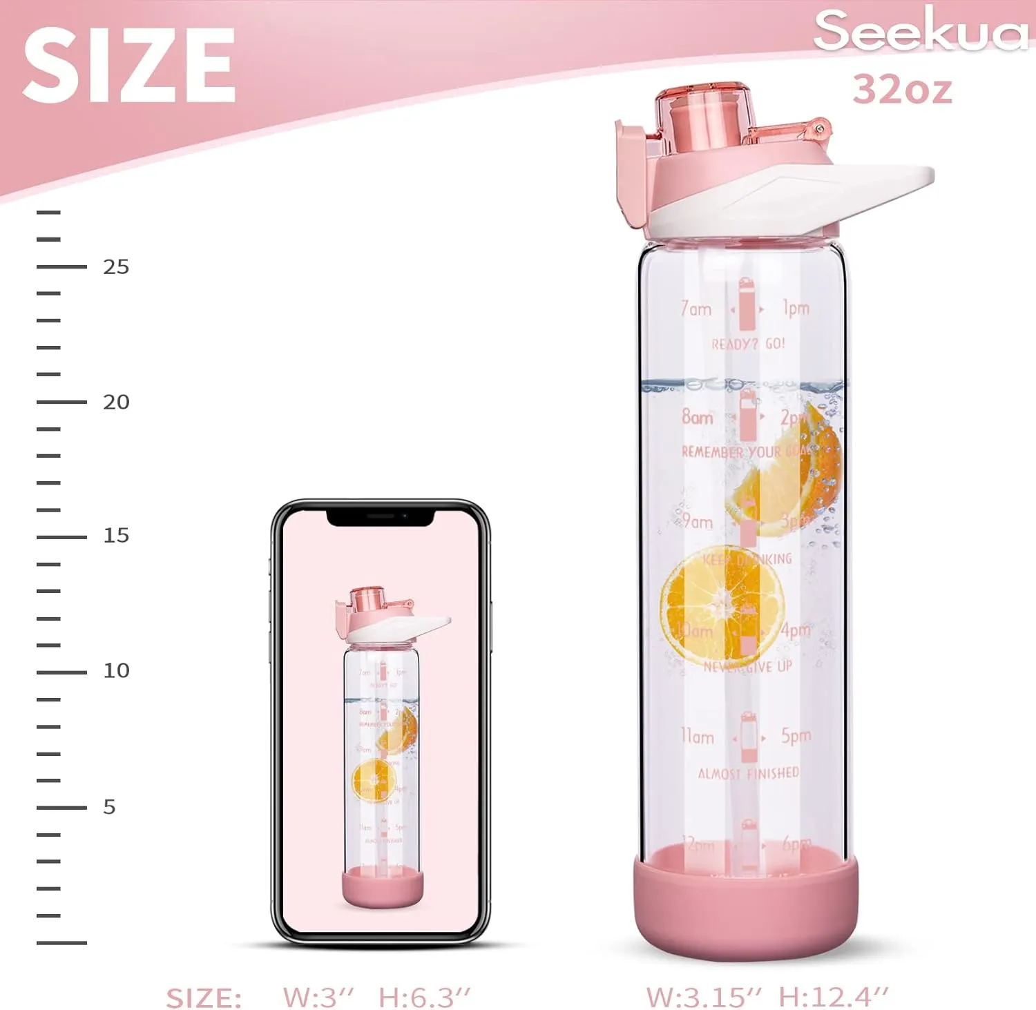 32 oz Sports Glass Water Bottle with Straw and Time Marker, Large Resuable Motivational Glass Drinking Bottle for Infused Water, Fruit, Smoothie, Coffee