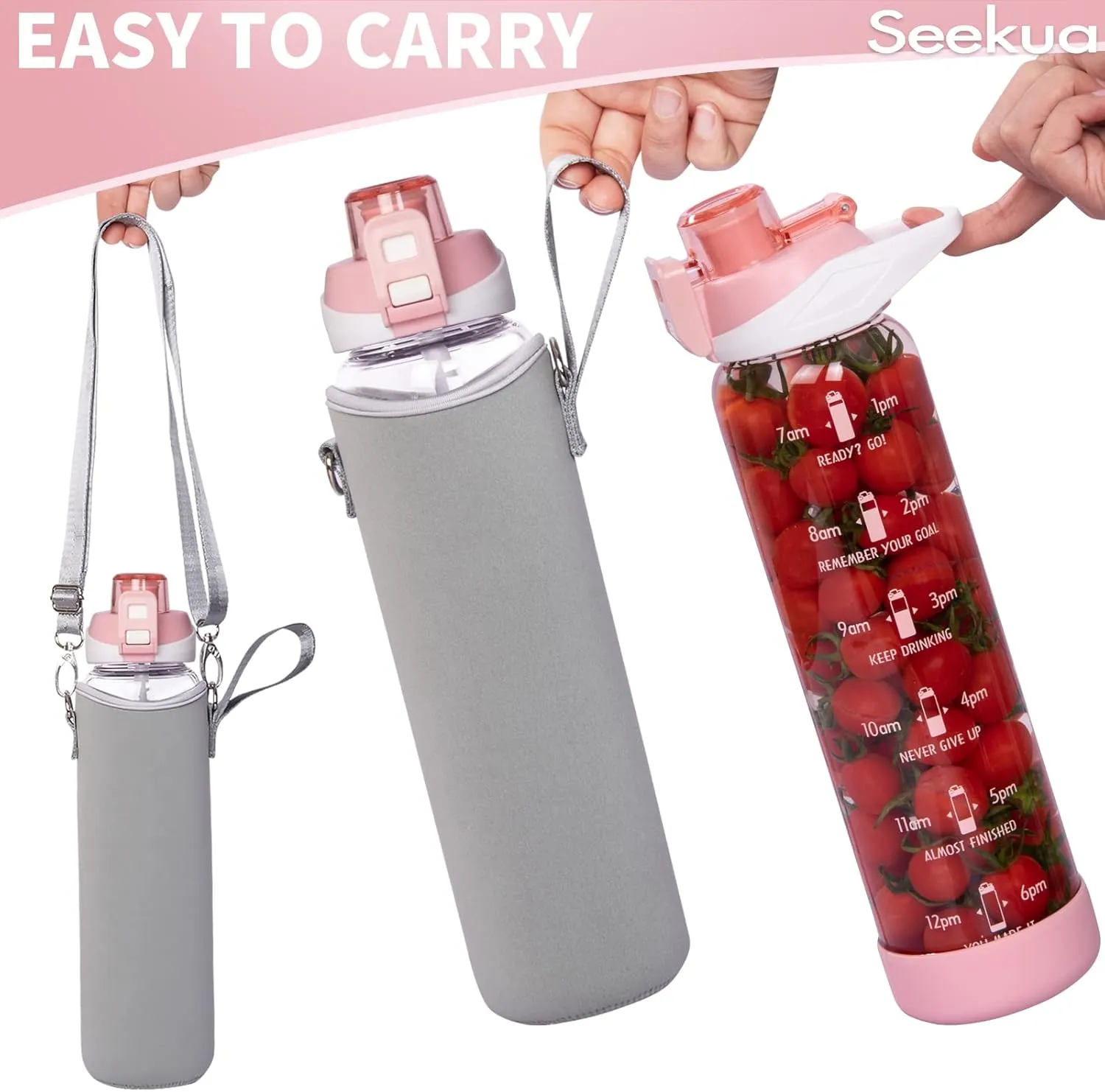 32 oz Sports Glass Water Bottle with Straw and Time Marker, Large Resuable Motivational Glass Drinking Bottle for Infused Water, Fruit, Smoothie, Coffee