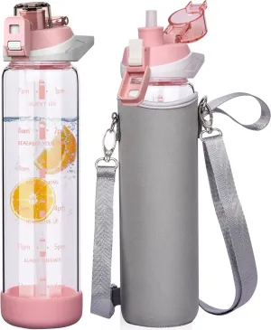 32 oz Sports Glass Water Bottle with Straw and Time Marker, Large Resuable Motivational Glass Drinking Bottle for Infused Water, Fruit, Smoothie, Coffee