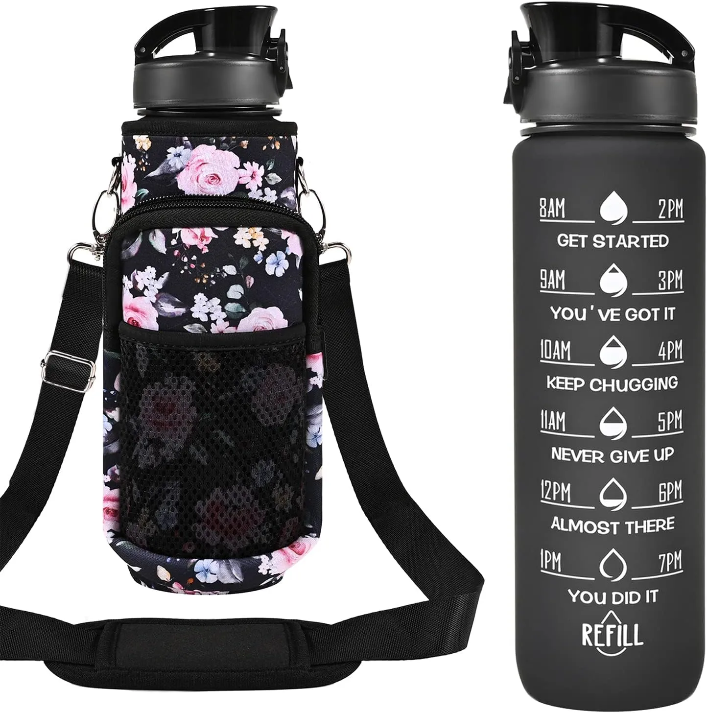 32 oz Water Bottles with Straw & Strap, Motivational Water Bottles with Times to Drink, BPA Free Reusable Sports Water Bottle with Sleeve Carrier for Hiking, Travel, Running or Fitness