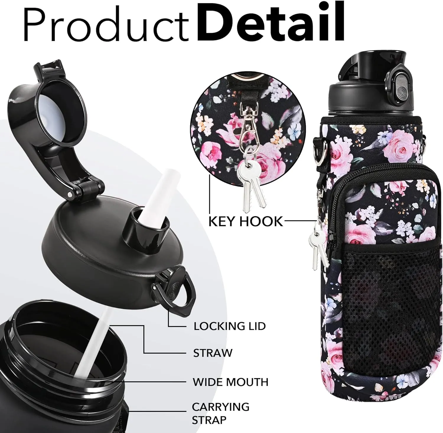 32 oz Water Bottles with Straw & Strap, Motivational Water Bottles with Times to Drink, BPA Free Reusable Sports Water Bottle with Sleeve Carrier for Hiking, Travel, Running or Fitness