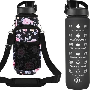 32 oz Water Bottles with Straw & Strap, Motivational Water Bottles with Times to Drink, BPA Free Reusable Sports Water Bottle with Sleeve Carrier for Hiking, Travel, Running or Fitness