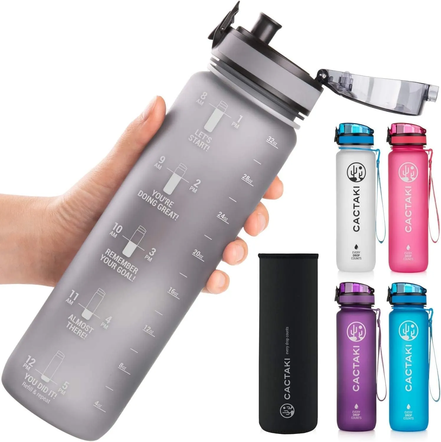 32 oz Water Drinking Bottle with Time Marker - Stay Hydrated - Hydration Tracker & Reminder to Drink With Hourly Measurement Markings - Leak Spill Proof & BPA Free