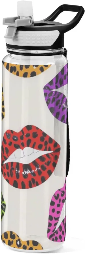 32oz Cartoon Leopard Print Lips Sport Water Bottle Tritan Leak Proof & BPA Free non toxic Water Jug with Spout for Yoga Collapsible