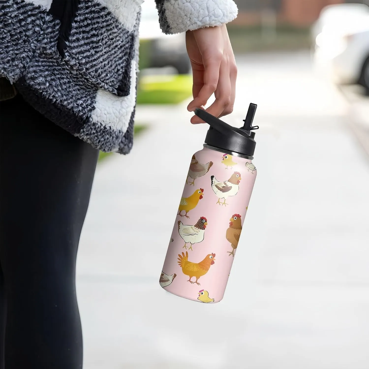 32oz Cute Chicken Water Bottle with Handle and Flip Straw, Sports Stainless Steel Insulated Cup, Travel Coffee Mug Tumbler, Birthday Mothers Day Chritmas Gifts for Women Animal Lovers