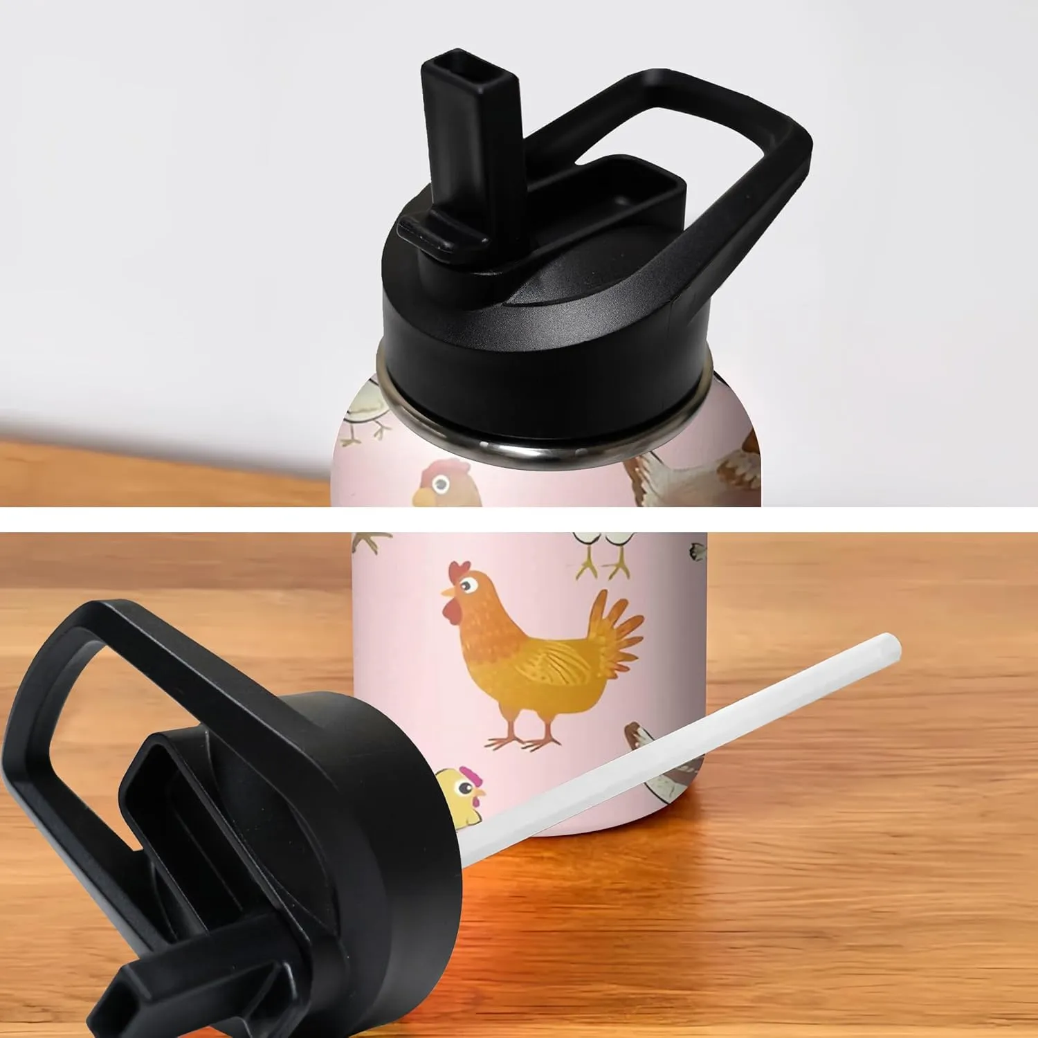 32oz Cute Chicken Water Bottle with Handle and Flip Straw, Sports Stainless Steel Insulated Cup, Travel Coffee Mug Tumbler, Birthday Mothers Day Chritmas Gifts for Women Animal Lovers