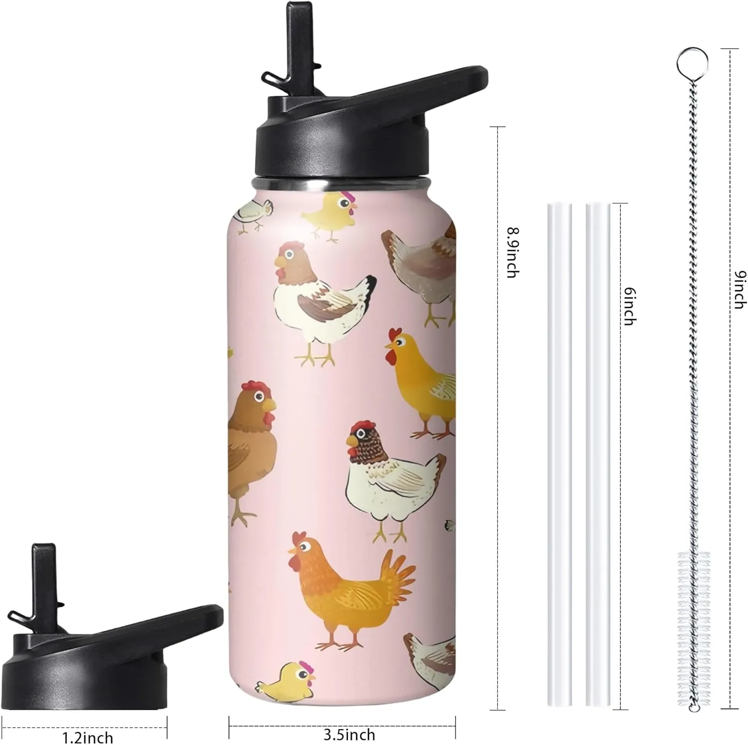 32oz Cute Chicken Water Bottle with Handle and Flip Straw, Sports Stainless Steel Insulated Cup, Travel Coffee Mug Tumbler, Birthday Mothers Day Chritmas Gifts for Women Animal Lovers