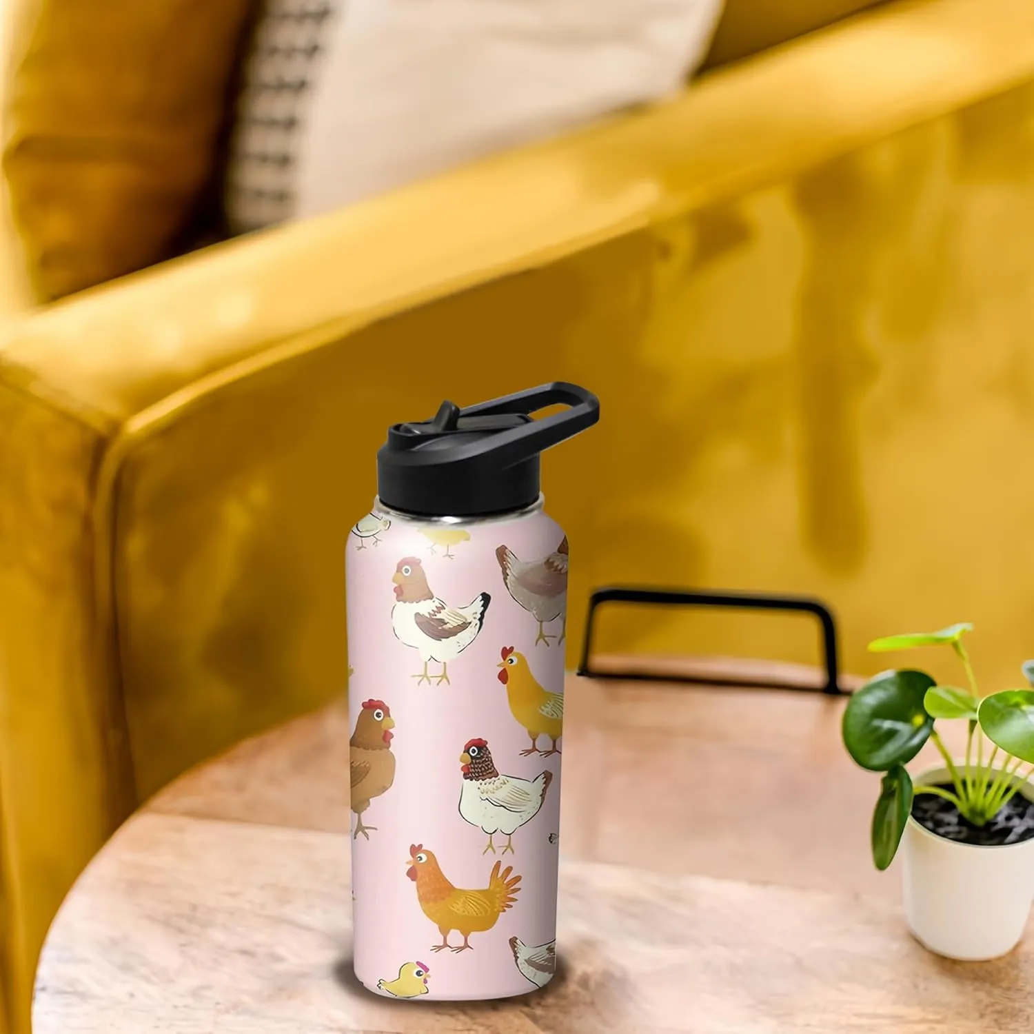 32oz Cute Chicken Water Bottle with Handle and Flip Straw, Sports Stainless Steel Insulated Cup, Travel Coffee Mug Tumbler, Birthday Mothers Day Chritmas Gifts for Women Animal Lovers
