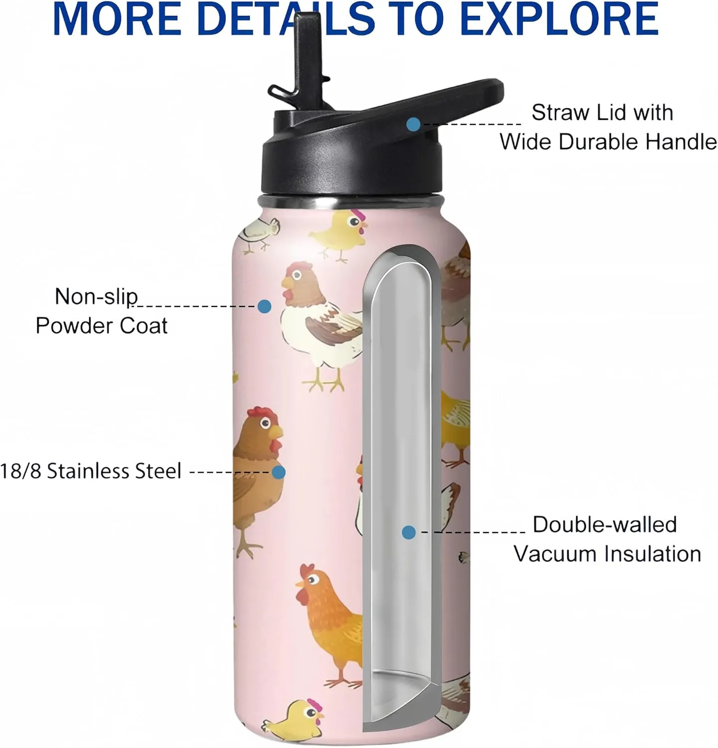 32oz Cute Chicken Water Bottle with Handle and Flip Straw, Sports Stainless Steel Insulated Cup, Travel Coffee Mug Tumbler, Birthday Mothers Day Chritmas Gifts for Women Animal Lovers