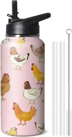 32oz Cute Chicken Water Bottle with Handle and Flip Straw, Sports Stainless Steel Insulated Cup, Travel Coffee Mug Tumbler, Birthday Mothers Day Chritmas Gifts for Women Animal Lovers