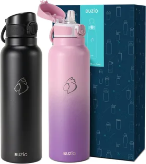 32oz Insulated Water Bottle with Straw Lid, 2PCS BUZIO Vacuum Stainless Steel Water Bottles with Handle, Double Wall Leakproof Sport Drinking Thermo Flask- Cold for 48 Hrs, Black Purple
