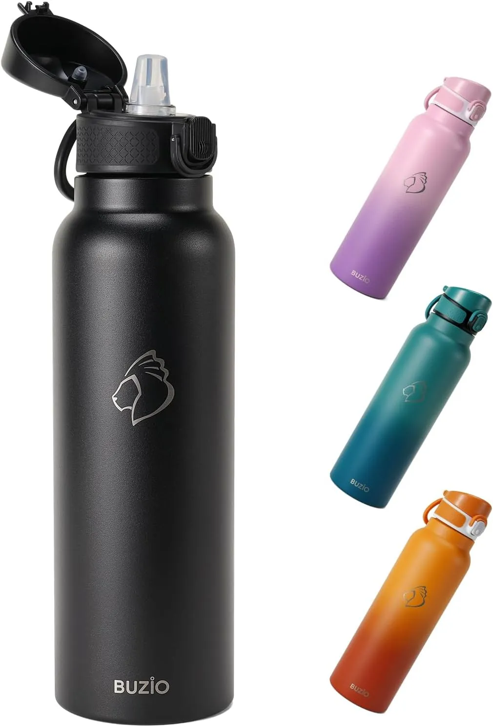 32oz Insulated Water Bottle with Straw Lid, 2PCS BUZIO Vacuum Stainless Steel Water Bottles with Handle, Double Wall Leakproof Sport Drinking Thermo Flask- Cold for 48 Hrs, Black Purple