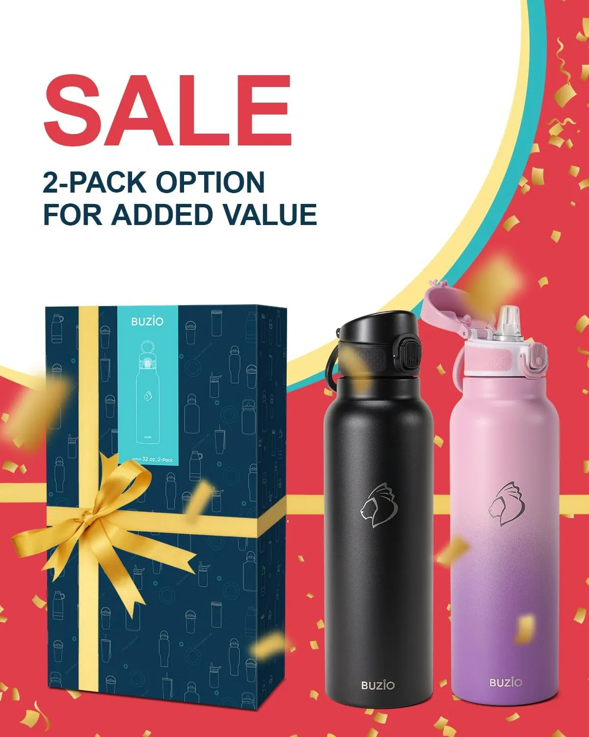 32oz Insulated Water Bottle with Straw Lid, 2PCS BUZIO Vacuum Stainless Steel Water Bottles with Handle, Double Wall Leakproof Sport Drinking Thermo Flask- Cold for 48 Hrs, Black Purple