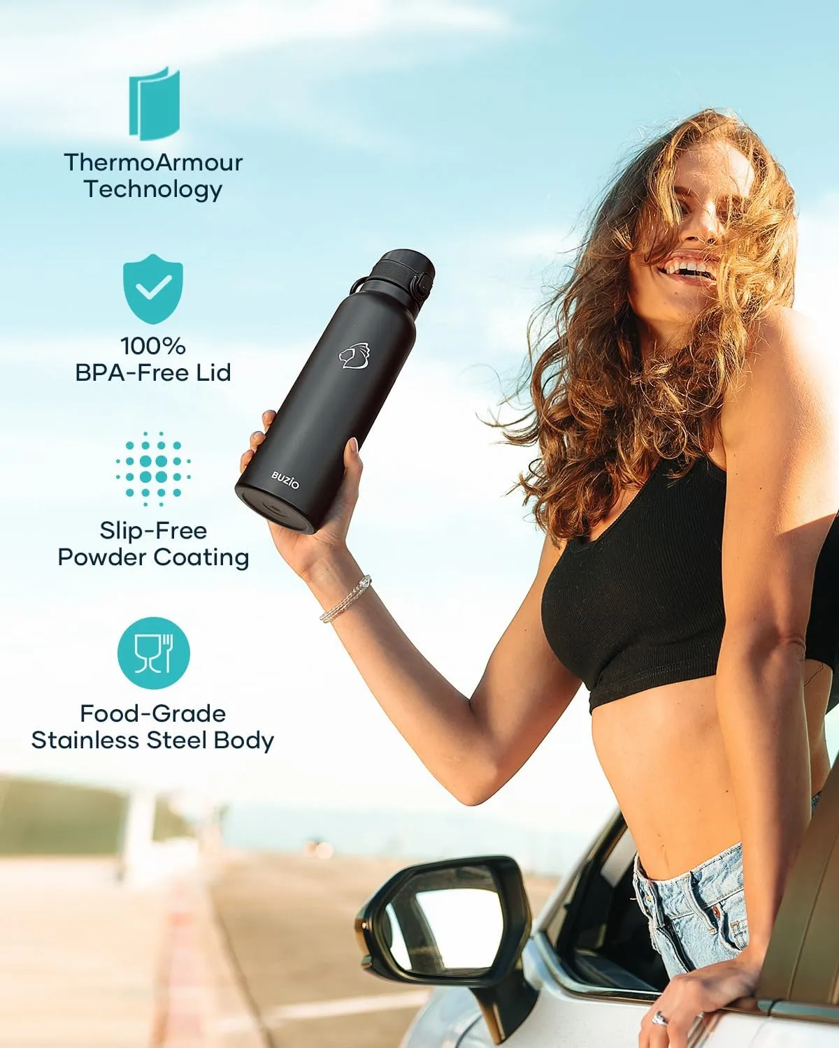 32oz Insulated Water Bottle with Straw Lid, 2PCS BUZIO Vacuum Stainless Steel Water Bottles with Handle, Double Wall Leakproof Sport Drinking Thermo Flask- Cold for 48 Hrs, Black Purple